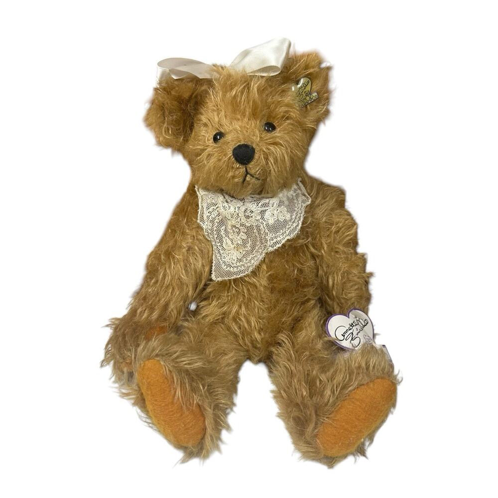 Vtg Annette Funicello Jointed Mohair Teddy Bear Bow on Head Lace Scarf 13" w/Pin